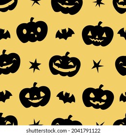 Halloween seamless patterns with pumpkins, stars ans bats. Perfect for decoration, wallpapers, wrapping papers, greeting cards, pattern fills, web page background
