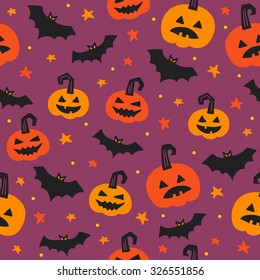 Halloween seamless patterns with pumpkins, stars ans bats. Perfect for decoration, wallpapers, wrapping papers, greeting cards, pattern fills, web page background