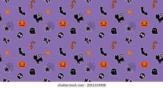 Halloween seamless patterns with purple and orange background and flat icons set. Trick or Treat Concept. Vector Illustration.