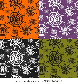Halloween seamless patterns set. Color background with skull, spider and web, pumpkins, cauldron and bat. Design elements for Halloween party poster. Flat cartoon illustration.