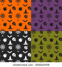 Halloween seamless patterns set. Color background with skull, spider and web, pumpkins, cauldron and bat. Design elements for Halloween party poster. Flat cartoon illustration.