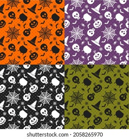 Halloween seamless patterns set. Color background with skull, spider and web, pumpkins, cauldron and bat. Design elements for Halloween party poster. Flat cartoon illustration.