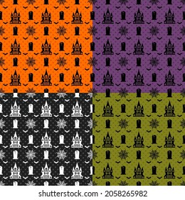 Halloween seamless patterns set. Color background with skull, spider and web, pumpkins, cauldron and bat. Design elements for Halloween party poster. Flat cartoon illustration.