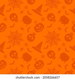 Halloween seamless patterns set. Color background with skull, spider and web, pumpkins, cauldron and bat. Design elements for Halloween party poster. Flat cartoon illustration.