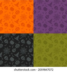 Halloween seamless patterns set. Color background with skull, spider and web, pumpkins, cauldron and bat. Design elements for Halloween party poster. Flat cartoon illustration.