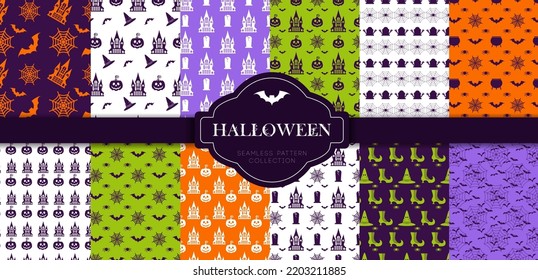 Halloween seamless patterns set. Color flat vector icons of skull, spider, cobweb, pumpkins, cauldron. Design elements for poster, flyers and greeting cards. Restaurant menu for halloween party.