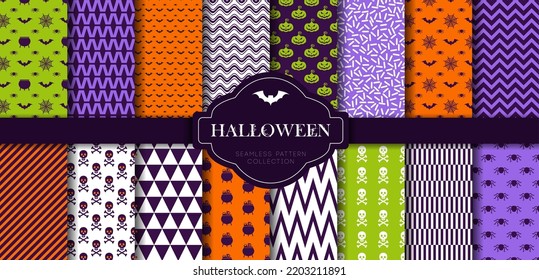 Halloween seamless patterns set. Color flat vector icons of skull, spider, cobweb, pumpkins, cauldron. Design elements for poster, flyers and greeting cards. Restaurant menu for halloween party.