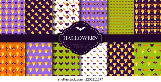 Halloween seamless patterns set. Color flat vector icons of skull, spider, cobweb, pumpkins, cauldron. Design elements for poster, flyers and greeting cards. Restaurant menu for halloween party.
