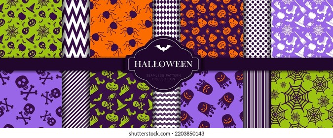 Halloween seamless patterns set. Color flat vector icons of skull, spider, cobweb, pumpkins, cauldron. Design elements for poster, flyers and greeting cards. Restaurant menu for halloween party.