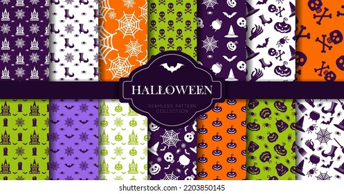 Halloween seamless patterns set. Color flat vector icons of skull, spider, cobweb, pumpkins, cauldron. Design elements for poster, flyers and greeting cards. Restaurant menu for halloween party.