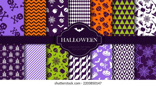 Halloween seamless patterns set. Color flat vector icons of skull, spider, cobweb, pumpkins, cauldron. Design elements for poster, flyers and greeting cards. Restaurant menu for halloween party.