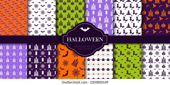 Halloween seamless patterns set. Color flat vector icons of skull, spider, cobweb, pumpkins, cauldron. Design elements for poster, flyers and greeting cards. Restaurant menu for halloween party.