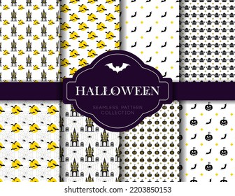 Halloween seamless patterns set. Color flat vector icons of skull, spider, cobweb, pumpkins, cauldron. Design elements for poster, flyers and greeting cards. Restaurant menu for halloween party.