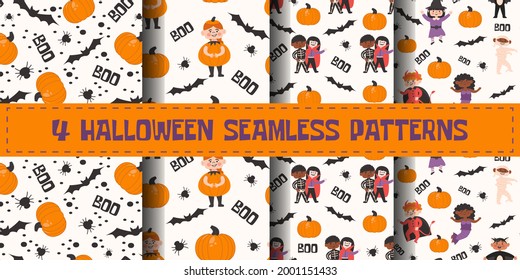 Halloween seamless patterns set. Kid's costume party. Children in skeleton, vampire, mummy, witch, devil, costume . Vector illustration of Halloween characters with bat, spider, pumpkin elements.