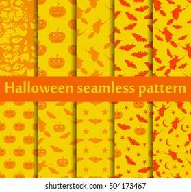 Halloween seamless patterns set. Pattern with Lamp Jack, Bats and witch. Halloween symbols. Vector illustration.