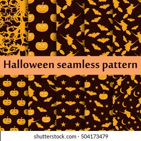Halloween seamless patterns set. Pattern with Lamp Jack, Bats and witch. Halloween symbols. Vector illustration.