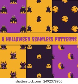 Halloween seamless patterns set. Seamless patterns with with pumpkins, pot, castle, moon, bat, ghost, cat.