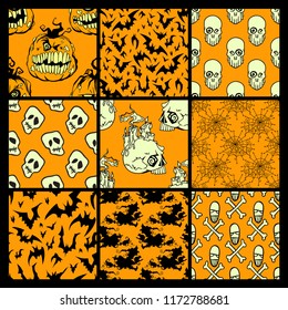 Halloween seamless patterns set with traditional items. Hand drawn vector holidays orange background. Bats, pumpkins, skulls and bones, flying witch and spiderweb.