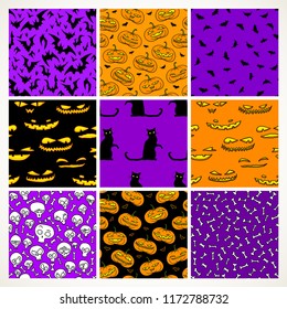 Halloween seamless patterns set with traditional items. Hand drawn vector holidays background. Bats, smiling pumpkins, black cats, skulls and bones.