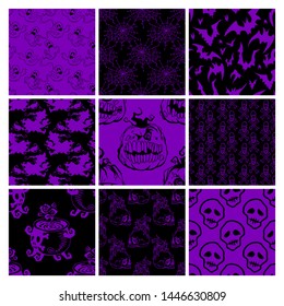 Halloween seamless patterns set with traditional items. Hand drawn vector holidays purple and black background. Bats, pumpkins, skulls, flying witch and cauldrons.