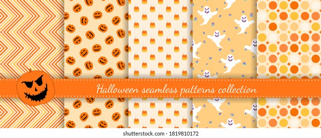 Halloween seamless patterns set. Vector collection of colorful background swatches. Cute funny abstract textures with pumpkins, ghosts, Jack o lantern, chevron, lines, dots. Repeat decorative design