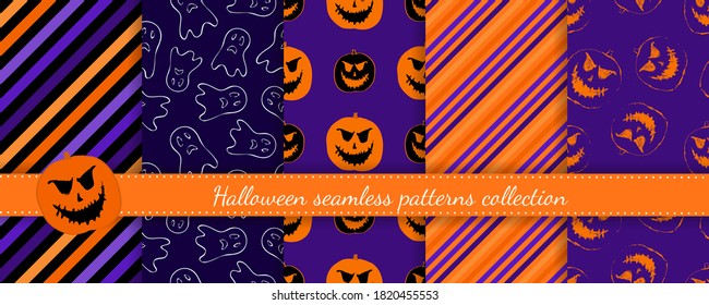 Halloween seamless patterns set. Vector collection of bright colorful background swatches. Cute funny abstract textures with pumpkins, ghosts, Jack o lantern, stripes, lines. Repeat design for print