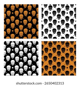 Halloween seamless patterns vector of skulls in orange, black and white background  
