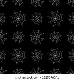 Halloween seamless patterns white spider web. Black background. Vector illustration