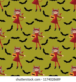 Halloween seamless pattren with cute girl in halloween outfit of Devils and bat