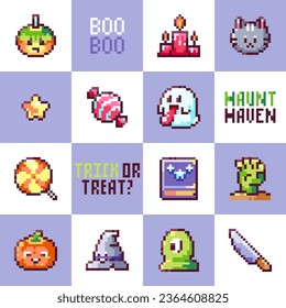 Halloween Seamless Pixel Art Patterns with Ghosts, Cats, and Lollipops.