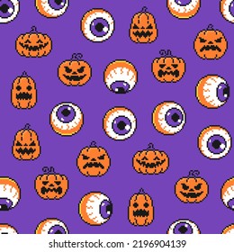 Halloween seamless pixel pattern. Vector background with funny cartoon pumpkins and eyes. 