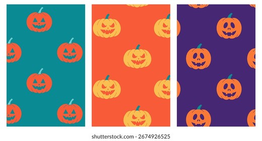 Patrón de calabaza sin fisuras de Halloween en fondos verdes, naranjas y morados. Diseño de linterna de Vector plano para papel de embalaje, textil, decoración.