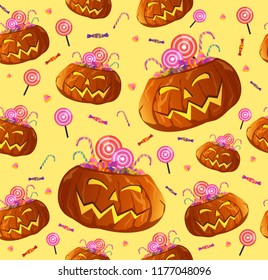Halloween Seamless Pumpkins Pattern with a Candies and Lollipops on Blue Background,vector.