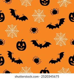 Patrón de calabazas sin fisuras de Halloween con arañas y Web de araña . Murciélago negro sobre fondo naranja. Patrón lindo para el papel de embalaje, impresiones textiles, Fondos de pantalla. Patrón de Halloween. Ilustración vectorial.