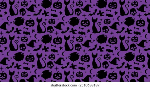 Halloween seamless purple  background with pumpkin, cats, bats, witch brew, candy. Good for textile fabric design, wrapping paper, website wallpapers, textile, wallpaper and apparel. Vector.