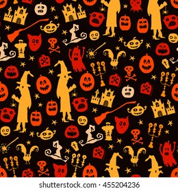 Halloween seamless silhouette bright kids doodle pattern. 