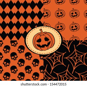 Halloween seamless with skull, pumpkin, web, stars