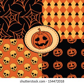 Halloween seamless with skull, pumpkin, web, stars