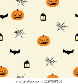 Halloween seamless texture background pattern with pumpkin ghost, lamp, bat and cobweb vector