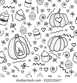 Halloween Seamless texture. Collection pattern for Autumn with pumpkin and candles. Carved. Doodle illustration. Halloween or Thanksgiving. Cozy Home. Vector. Vector illustration