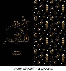 Halloween seamless texture. Orange pattern on a black background with pumpkin, skulls, crow, gifts and candy, bat, old house, drink potion, witch hat. Linear repeating background and stylish icon.