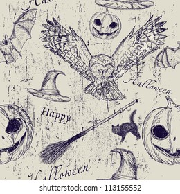 Halloween seamless texture with pumpkin, owl and bat. Vector illustration EPS8