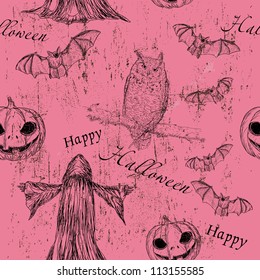 Halloween seamless texture with pumpkin, owl and bat3. Vector illustration EPS8