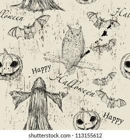 Halloween seamless texture with pumpkin, owl and bat4. Vector illustration EPS8