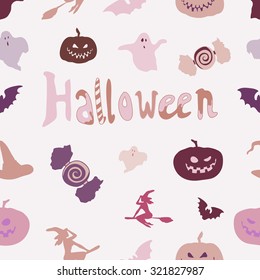 Halloween seamless texture with pumpkins, bats, witches, ghosts, candies, hats.