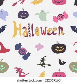 Halloween seamless texture with pumpkins, bats, witches, ghosts, candies, hats.