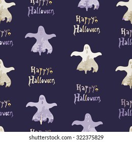 Halloween seamless texture with pumpkins, ghosts, spooky trees, cats. Happy Halloween.