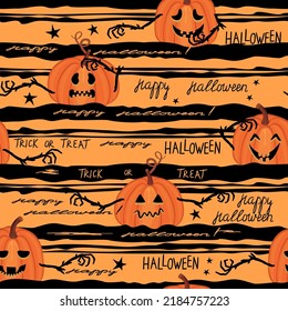 Halloween seamless typographic style pattern with orange pumpkins and lettering on rough stripes  background.Vector endless wallpaper for printing on fabric and paper.Trick or treat event decoration.