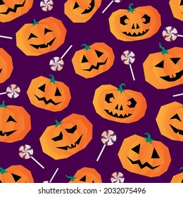 Halloween seamless vector backdrop with cute pumpkins and candies. Pattern design for wrapping, stationery and fabric. Jack-o'-lantern on violet background