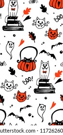 Halloween seamless vector background with cats, bats, spiders. In black and orange colors. Good for packaging design, halloween packaging paper, thematical background